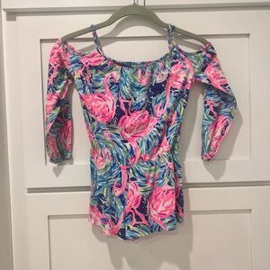 Lilly Pulitzer EUC Girls Mini Flamingo Candice Romper Peep Shoulder size M